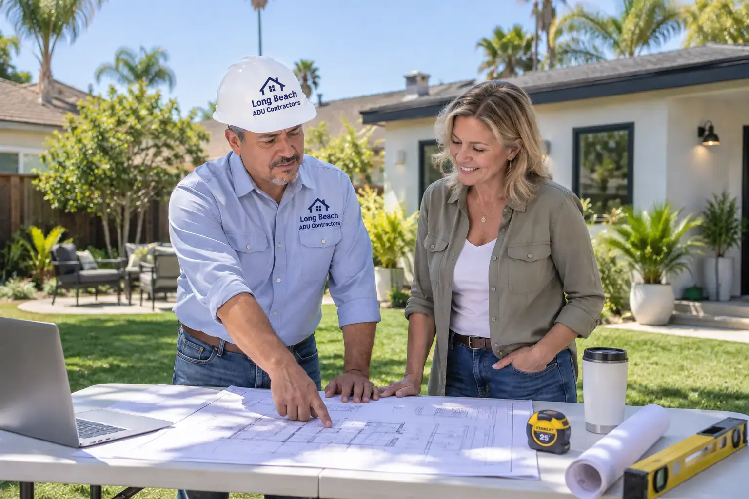 ADU contractor reviewing plans with Long Beach homeowner